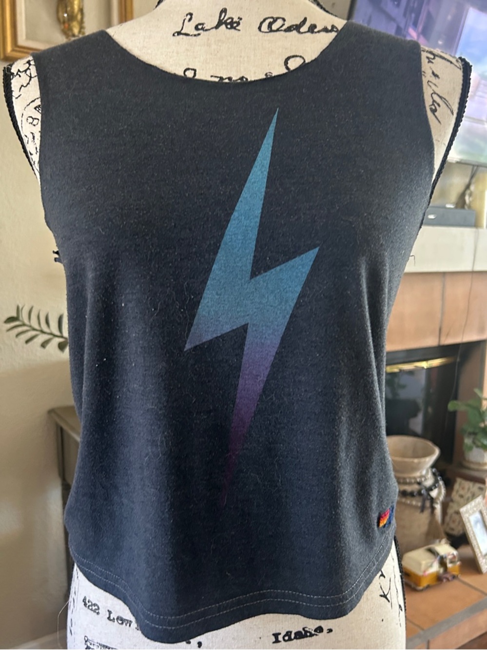 Aviator Nation Black Crop Tank with Blue-Purple Lightning Bolt